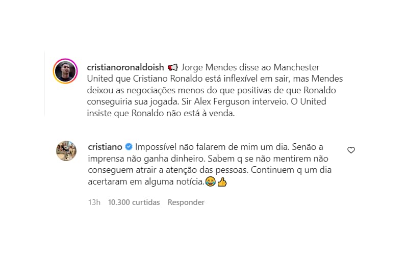 Cristiano Ronaldo responde imprensa no Instagram